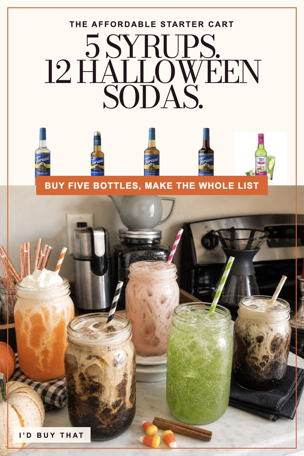 Pinterest pin showing the five sugar-free syrup bottles used to make 12 Halloween dirty soda recipes.