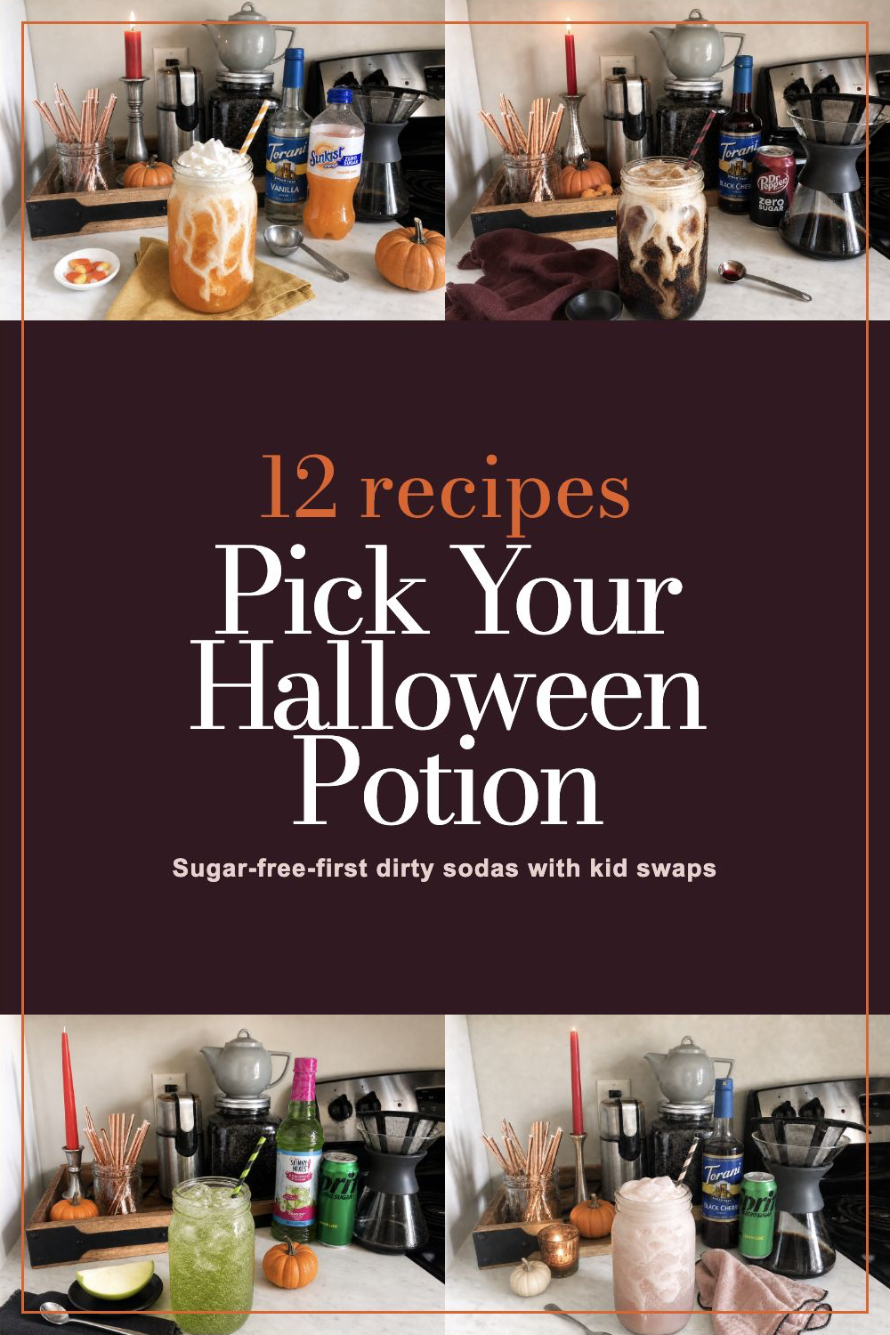 Pinterest pin collage of four Halloween dirty soda recipes in orange, black cherry, green apple, and ghostly pink.